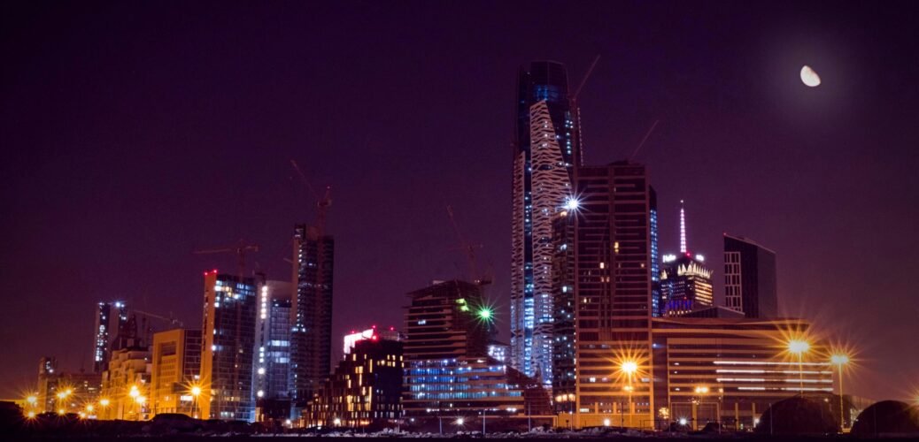 a city skyline at night